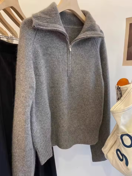 High-necked semi-zipper sweater loose