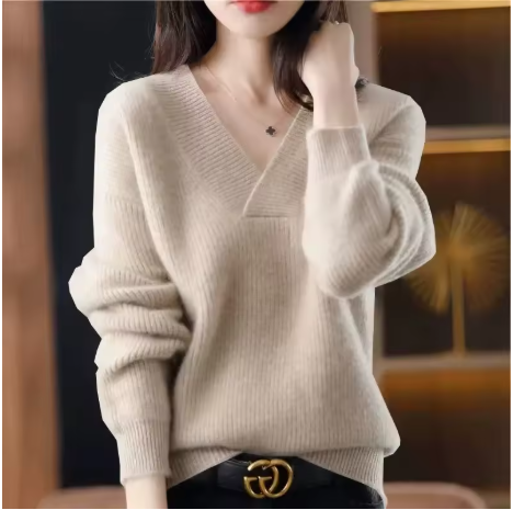 Sweater Women's 100% Wool Sweater Fashion V-neck Knitted Pullover